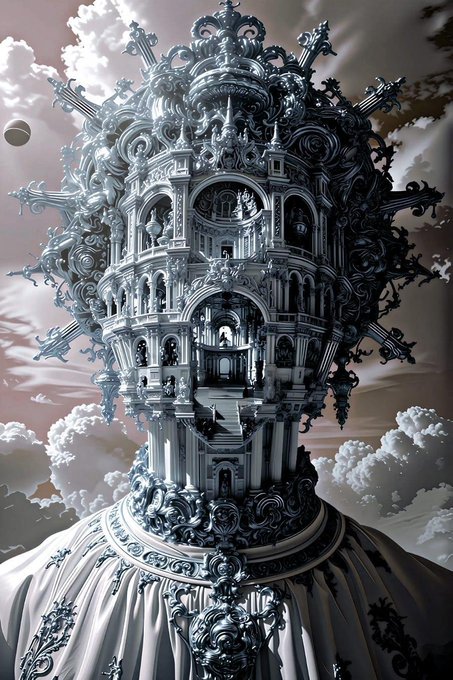 An intricate, surreal 3D artwork depicting a baroque-style cathedral tower emerging from a porcelain base, set against a cloudy sky with a small celestial body.