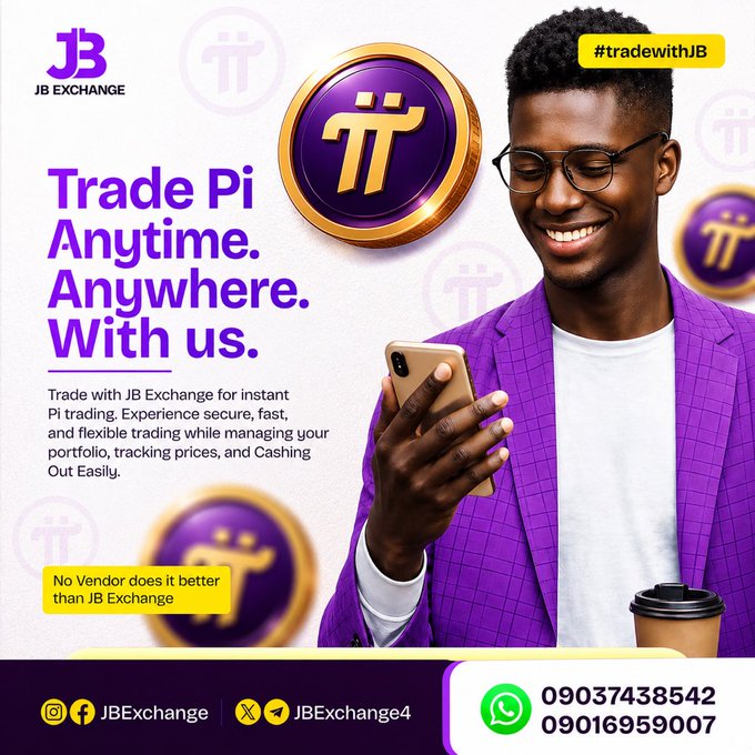 A JB Exchange advertisement featuring a smiling man in a purple jacket holding a smartphone, with text 'Trade Pi Anytime. Anywhere. With us.' and the Pi Network logo, hashtag #tradewithJB, and contact numbers 09037438542 and 09016959007.