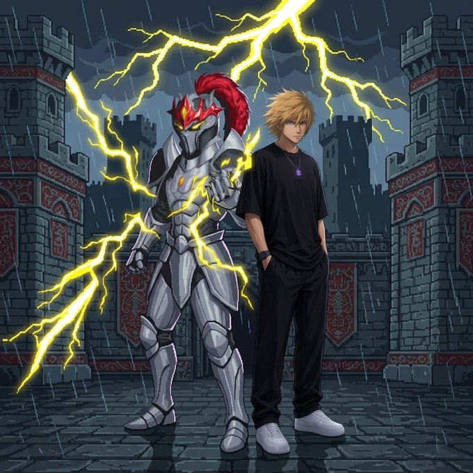 An anime-style illustration of a blonde youth in black clothing standing next to a silver armored knight with a red plume, surrounded by yellow lightning in front of a medieval castle.