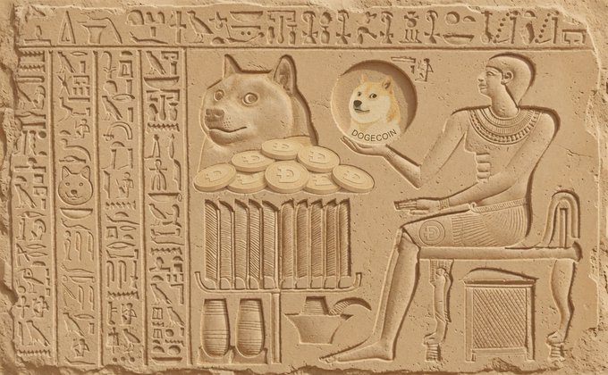 A parody of an ancient Egyptian stone relief carving depicts a figure offering a 'DOGECOIN' with the iconic Shiba Inu dog face, alongside another Shiba head, piles of coins, and hieroglyphic-style text.