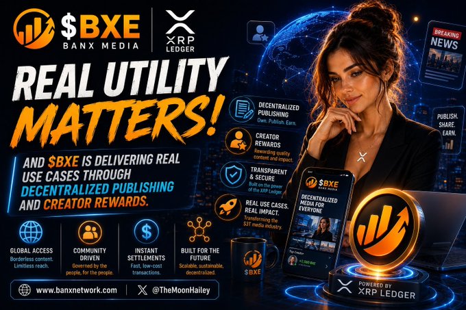 A promotional banner for BXE (Banx Media) features the text 'REAL UTILITY MATTERS!' and promotes decentralized publishing, creator rewards, and the $BXE token powered by XRP Ledger, with website www.banxnetwork.com and @TheMoonHailey displayed.