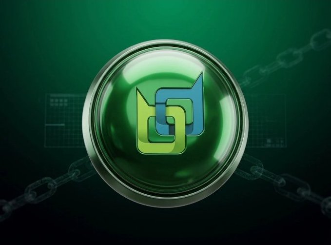 A digital illustration featuring a green and blue logo encased in a glass-like sphere with a glossy reflection, set against a dark green background with chains and faint data visualizations.