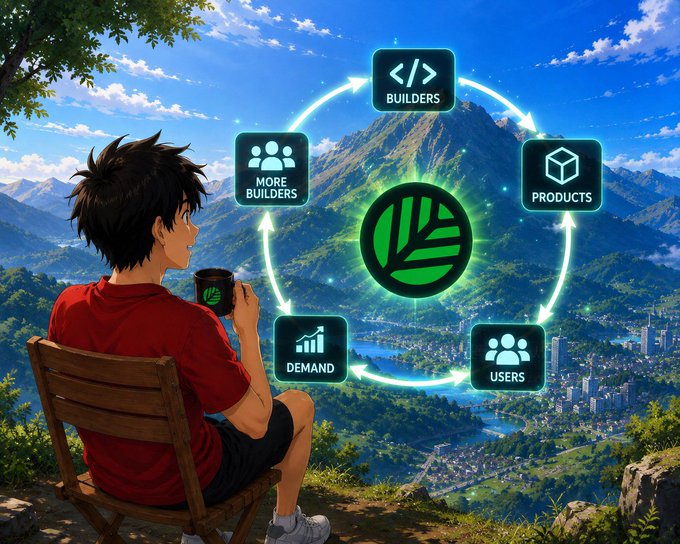 A young man with dark hair sits in a chair on a scenic overlook, sipping from a branded mug while gazing at an illustrated flywheel diagram showing the cycle: Builders → Products → Users → Demand → More Builders. The image visually reinforces the post's concept of a builder-driven ecosystem, with the "@CNPYNetwork" brand serving as the engine at the center of this virtuous growth cycle.
