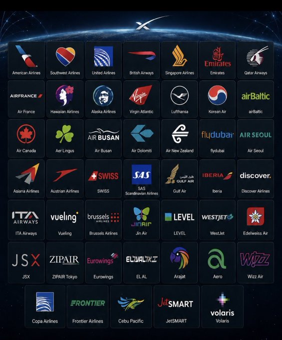 A grid displaying numerous airline logos including American Airlines, Southwest, United, British Airways, Singapore Airlines, Emirates, Qatar Airways, Air France, Lufthansa, and many more, set against a space-themed background with an 'X' logo at the top.