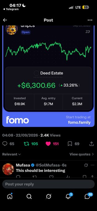 A screenshot of a Telegram post from 'fomo' showing a trading chart for 'Deed Estate' with a gain of +$6,300.66 (33.26%), showing invested $18.9K and a current value of $2.3M.