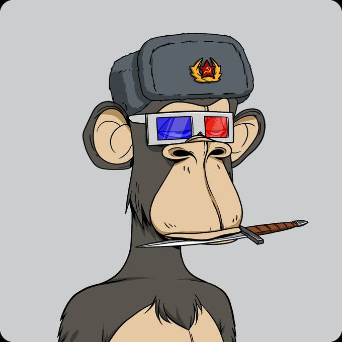 The image features a 3D rendering of a monkey wearing glasses, a hat with a Russian flag design, and holding a sword. The monkey appears to be wearing a headset that says "NFTs @BoredApeYC". This suggests that the monkey is part of an NFT collection or promotion related to the character Bored Ape YC.