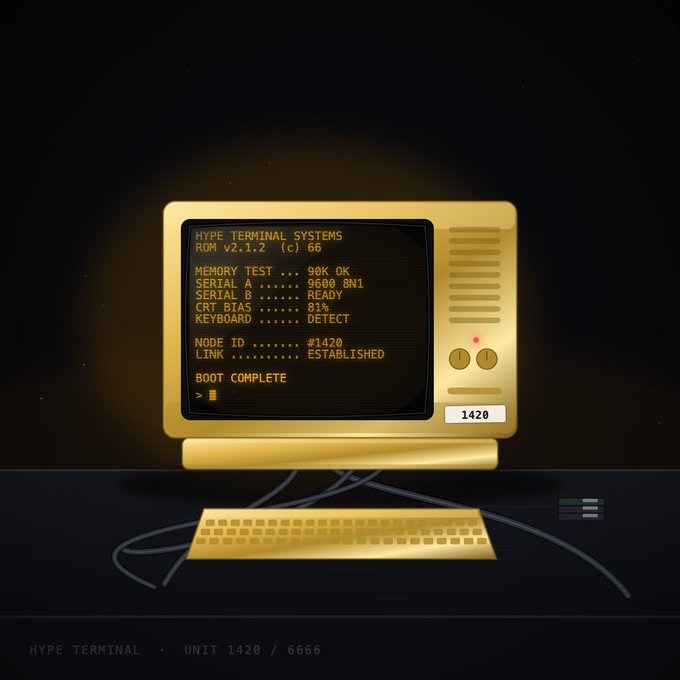 Digital artwork of a golden retro computer displaying 'HYPE TERMINAL SYSTEMS ROM v2.1.2' with 'BOOT COMPLETE' and 'LINK ESTABLISHED' for UNIT 1420 / 6666.