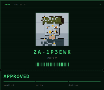 A digital token whitelisting interface showing a pixel art character with the code 'ZA-1P3EWK' (@gxfc_0) marked as 'APPROVED' with a green barcode below.