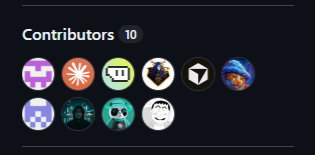 A dark-themed UI panel labeled 'Contributors 10' displays a grid of 10 circular user avatar icons including pixel art characters, space imagery, and various cartoon designs.