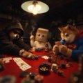 A low-quality image shows plush toys, including a bear and an Eevee Pokémon figure, sitting around a small table beneath a lamp.
