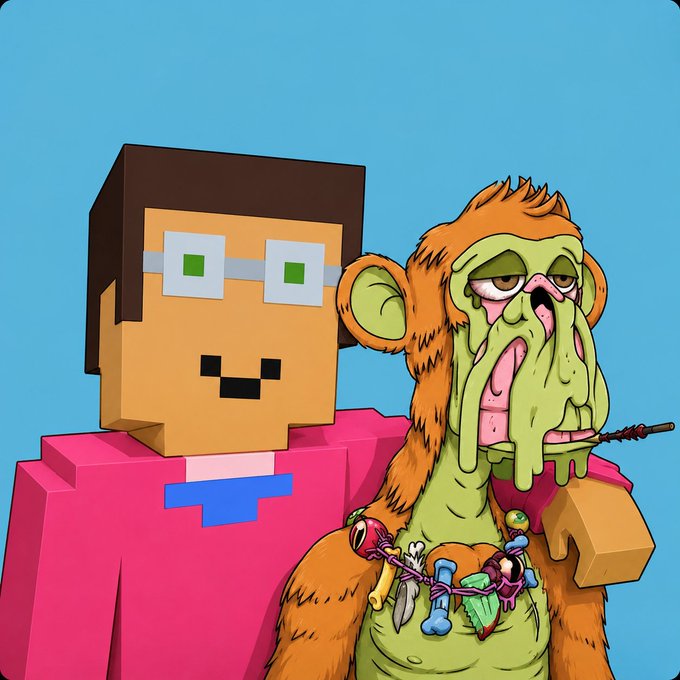 A cartoon parody image showing a Minecraft-style character holding a grotesque green monkey-like creature with droopy features and a primitive bone necklace.