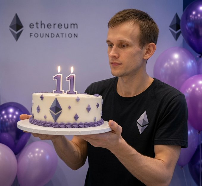 The person in the image, who appears to be Ethereum co-founder Vitalik Buterin, is holding a cake with "11" candles to celebrate Ethereum's 11th anniversary, with the "Ethereum Foundation" logo and the iconic ETH diamond symbol visible in the background and on the cake.