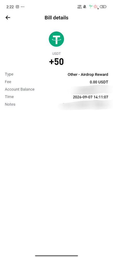 A mobile screenshot showing a "Bill details" page for an airdrop reward of "+50 USDT" dated 2026-09-07 14:11:07, with the account balance blurred out.