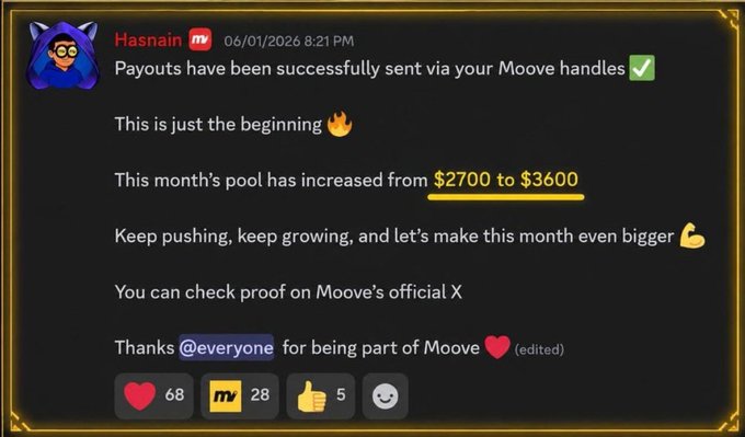 The image shows a person with blue hair interacting with a social media platform. They are reading an article posted by @moovexyz about increasing rewards for users, which includes the name of another user who contributed to the pool's growth. The post also mentions that a lot of people wait until something becomes impossible to ignore before paying attention. Overall, the person appears to be engaged with this content and possibly considering joining or waiting in response to what is being discussed.