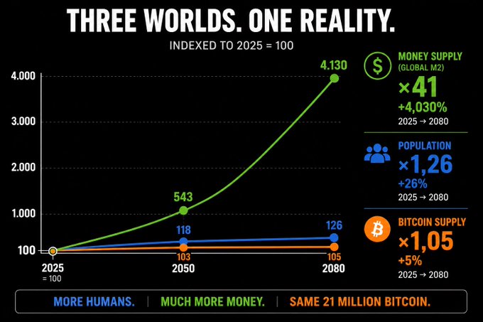 The image presents an infographic of three different graphs, which are related to Bitcoin price and money supply. The first graph shows a positive upward trend for Bitcoin's value over time, starting at $0.25 in 2015 and increasing to nearly $5.00 by 2020. The second graph displays the money supply decreasing over time due to increased scarcity. Lastly, the third graph is not directly related to Bitcoin but shows population growth from 2015 to the present day.