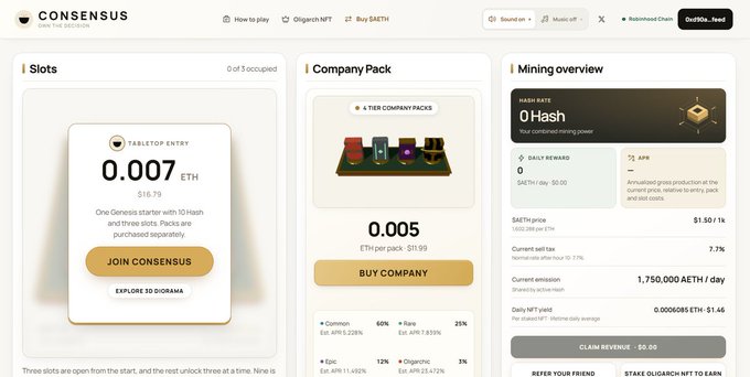 Web interface for 'CONSENSUS' featuring a 'Slots' section with 'TABLETOP ENTRY 0.007 ETH', a 'Company Pack' section priced at '0.005 ETH per pack', and a 'Mining overview' showing '0Hash' and '1,750,000 AETH/day'.