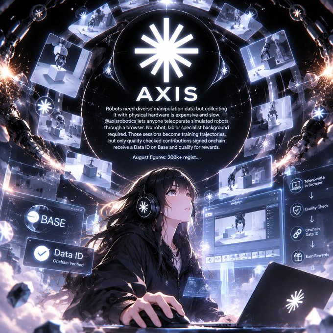 A promotional graphic for 'AXIS' featuring an anime-style girl with headphones working on a laptop, surrounded by floating screens showing robot manipulation data, with text explaining that any teleoperated simulated robot session qualifies for onchain rewards on Base.