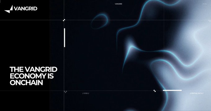 A sleek promotional graphic for VANGRID featuring the headline "THE VANGRID ECONOMY IS ONCHAIN" against a dark background with flowing blue fluid-like waves, reinforcing the post's message about the network's on-chain growth and verifiable traction. The VANGRID logo appears in the top-left corner, visually supporting the post's emphasis on real value being settled through on-chain captures and attested batches.