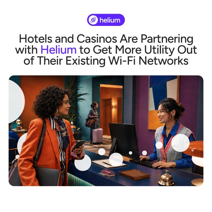 The image is a promotional graphic for Helium featuring the headline "Hotels and Casinos Are Partnering with Helium to Get More Utility Out of Their Existing Wi-Fi Networks," accompanied by a photo of a woman checking in at a hotel front desk with a receptionist and another guest visible in the background.

The post provides striking usage statistics for the Helium Network in hospitality from July 2026, with 212 TB offloaded across 243 hotels/resorts/casinos, 15.2 million sessions, and casinos generating over 20% of hospitality traffic — illustrating the real-world impact of the Wi-Fi partnership shown in the image.