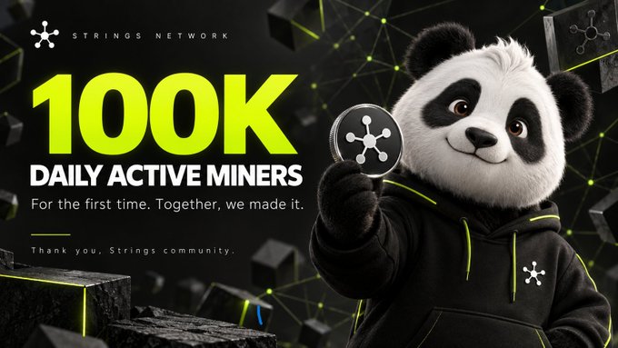 A promotional graphic for 'STRINGS NETWORK' announces '100K DAILY ACTIVE MINERS' with a 3D panda mascot wearing a black hoodie holding up a logo.