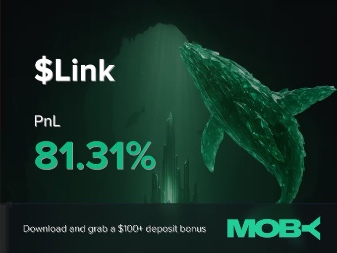 A promotional graphic from Moby Mobile displays a "$Link" trading win alert featuring a 3D green whale and underwater city imagery, highlighting a +81.31% PnL achievement alongside a call-to-action to download the app for a $100+ deposit bonus. The visual corresponds to the post announcing a trader's successful $Link position close, tying the celebratory imagery to the dramatic profit gain.