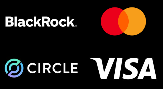 The image displays the logos of BlackRock, Mastercard, Circle, and Visa against a black background, representing the major financial institutions partnering as founding validators for the Arc network. The caption highlights Arc's impressive lineup of institutional backers—spanning asset management, payments, clearing, and banking—even before its mainnet launch.
