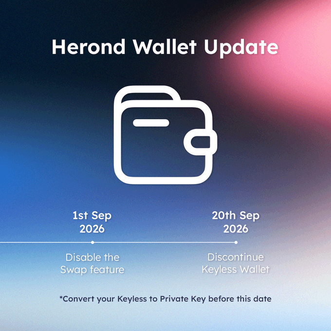 A 'Herond Wallet Update' graphic shows a timeline indicating that the Swap feature will be disabled on '1st Sep 2026' and the Keyless Wallet discontinued on '20th Sep 2026', advising users to convert their Keyless to Private Key.