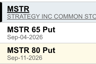 The image displays a list of put options for MSTR (MicroStrategy) common stock, specifically highlighting an MSTR 80 Put expiring on September 11, 2026. This relates to the post by showing the user is actively buying put options, betting that MSTR's price will fall significantly before September 2026.