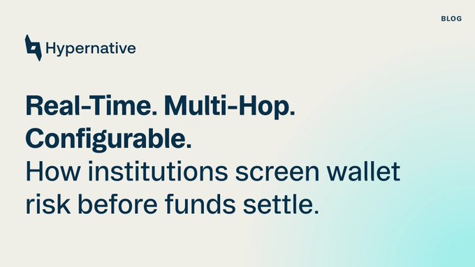 A blog header graphic with the "Hypernative" logo and the headline "Real-Time. Multi-Hop. Configurable. How institutions screen wallet risk before funds settle." on a light gradient background.