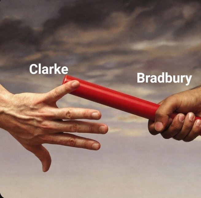 A meme depicting a baton pass with the labels 'Clarke' and 'Bradbury' over a cloudy sky background, suggesting a transition or succession between the two figures.