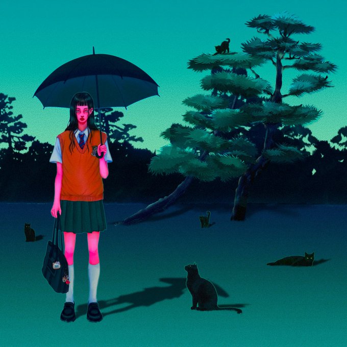A digital illustration depicts a schoolgirl in an orange vest and green skirt holding a black umbrella and bag, standing in a dark teal landscape surrounded by black cats and a silhouetted tree.