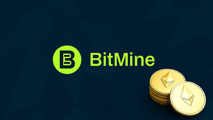The image displays the BitMine logo alongside a stack of gold Ethereum coins, visually reinforcing the post about BitMine's accumulation of 5.93 million ETH—approximately 4.9% of Ethereum's total supply—with growing institutional demand.