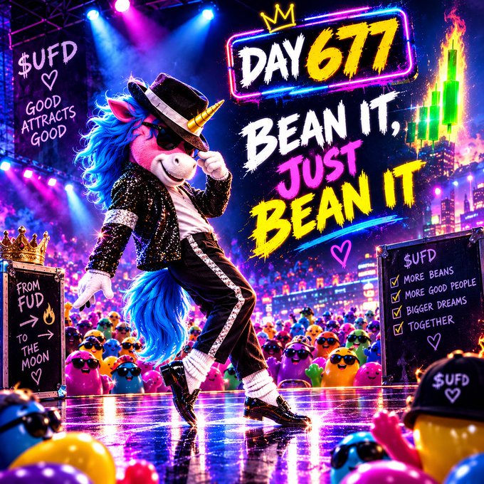A vivid promotional illustration for $UFD showing "DAY 677" and the slogan "BEAN IT, JUST BEAN IT," with a costumed mascot on a colorful stage.