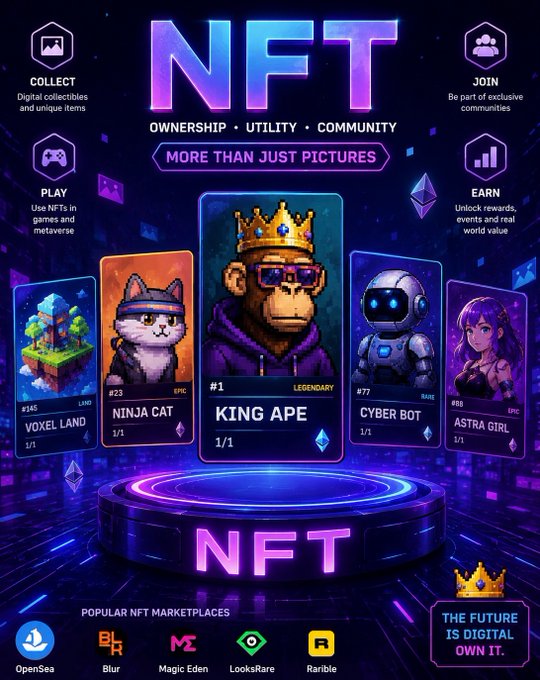 Promotional graphic titled 'NFT - OWNERSHIP, UTILITY, COMMUNITY - MORE THAN JUST PICTURES' featuring collectible cards like King Ape, Ninja Cat, and Voxel Land, with popular marketplaces listed including OpenSea, Blur, Magic Eden, LooksRare, and Rarible.
