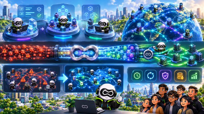 A colorful tech-themed illustration featuring robot-like characters managing global networks, data servers, and security features across a connected world map.
