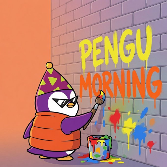 An illustration of a cartoon penguin wearing a party hat and orange scarf holding a paintbrush, with the text 'PENGU MORNING' painted on a brick wall next to colorful paint splatters.