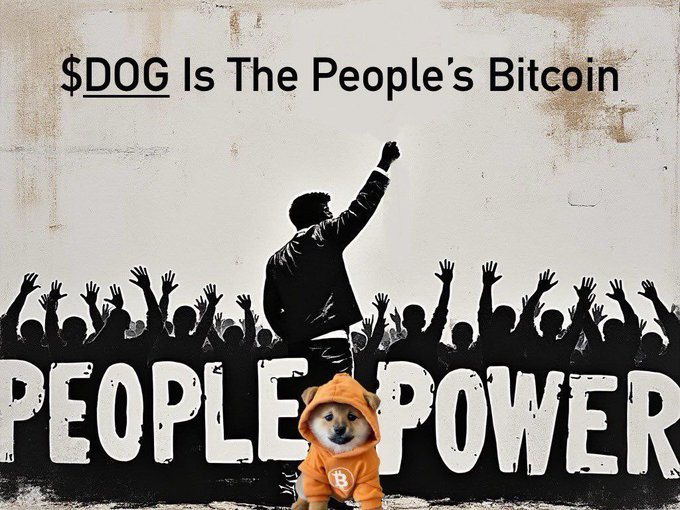 A promotional image featuring the text '$DOG Is The People's Bitcoin' above a black and white illustration of a figure leading a crowd with raised fists, with the words 'PEOPLE POWER' below, and a Shiba Inu dog wearing an orange Bitcoin hoodie in the foreground.