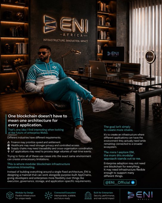 A promotional advertisement for ENI Africa showing a man in a teal Adidas tracksuit sitting in a leather chair holding a GM coffee mug, with text about modular blockchain infrastructure and enterprise adoption. The handle @ENI_Official is visible.