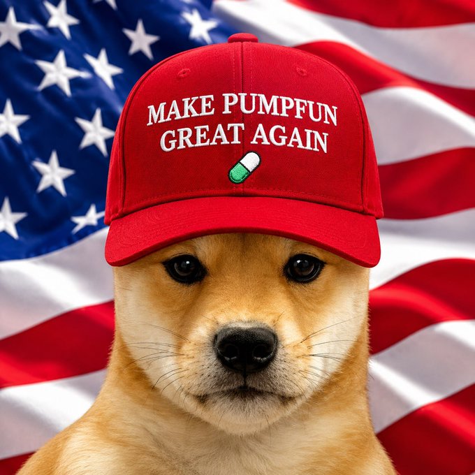 A Shiba Inu dog wearing a red "MAKE PUMPFUN GREAT AGAIN" cap with a green and white pill emoji, posed in front of an American flag background.