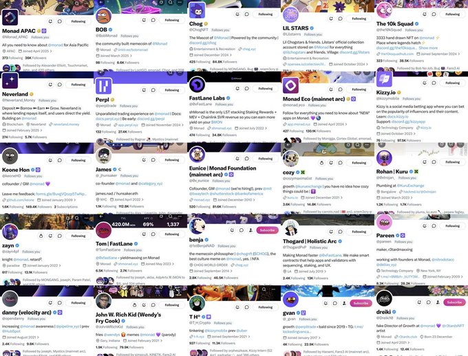The image displays a grid of X (Twitter) profile cards featuring accounts associated with the Monad blockchain ecosystem, including Monad APAC, BGB, Chog, LIL STARS, The 10K Squad, Neverland, Perpl, FastLane Labs, Monad Eco, Kizzjo, Keone Hon, James, Eunice, cozy, Rohan, zayn, Tomi, benja, Thogard Holistic Arc, Pareen, danny, John W. Rich Kid, THIP, gvan, and dreiki. The accompanying post about "proof of monad OG. gotta catch them all. gmonad" suggests this collection represents a curated showcase of original/early Monad community members and contributors being collected like trading cards.