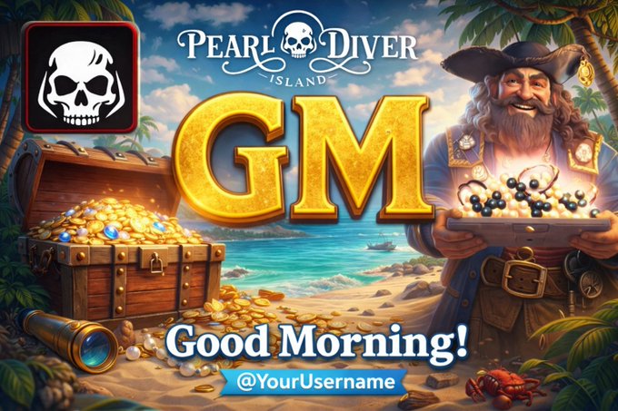 A 'Good Morning' greeting graphic themed around 'Pearl Diver Island' featuring a pirate with a treasure chest full of gold and pearls, large 'GM' gold lettering, and a skull app icon.
