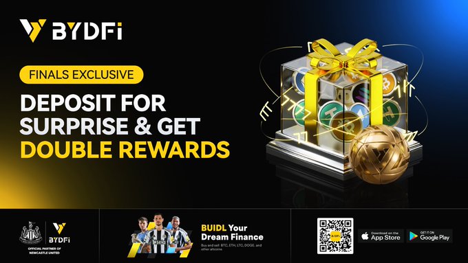 BYDFi "Finals Exclusive" promotional banner offering double rewards for on-chain deposits, featuring a gold gift box with crypto coins and text reading "Deposit for Surprise & Get Double Rewards," alongside Newcastle United partnership branding and a QR code linking to the app.