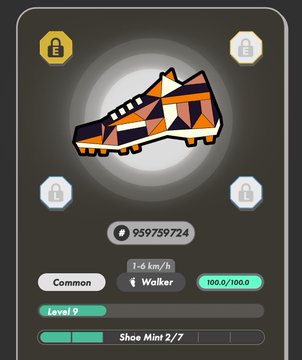 A mobile app interface displaying a colorful geometric-patterned soccer cleat labeled 'Common' at Level 9, with stats showing 959759724 'Shoe Mint 2/7' and 100.0/100.0.