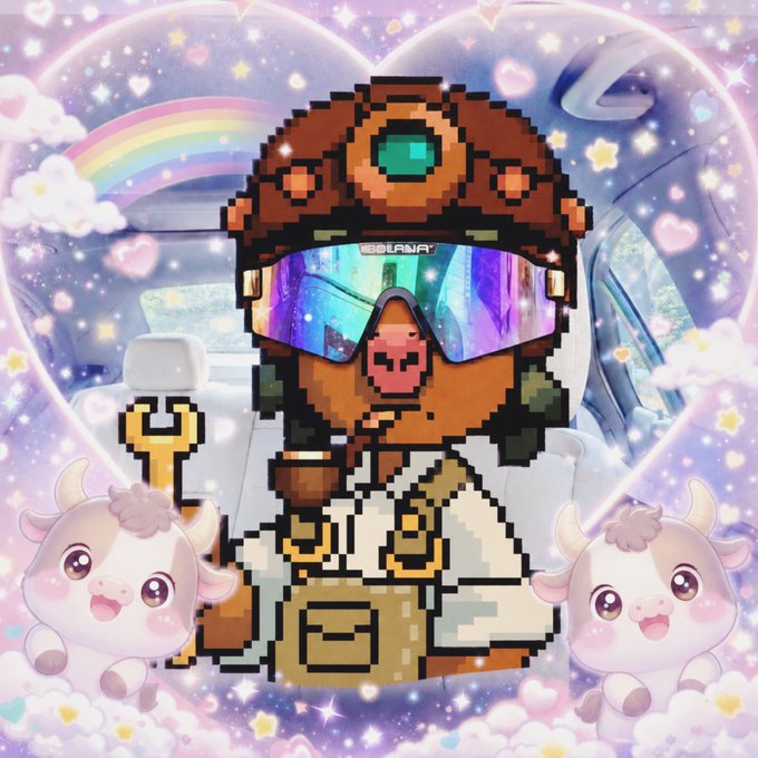 A pixelated cow character wearing rainbow ski goggles sits in a car surrounded by sparkles, rainbows, hearts, and cute baby cows, with the word "BULLISH" visible on the goggles. The image's celebratory and "Still Bullish" aesthetic matches the post announcing a giveaway winner, with the "BULLISH" text echoing the poster's bullish sentiment toward the mentioned projects.