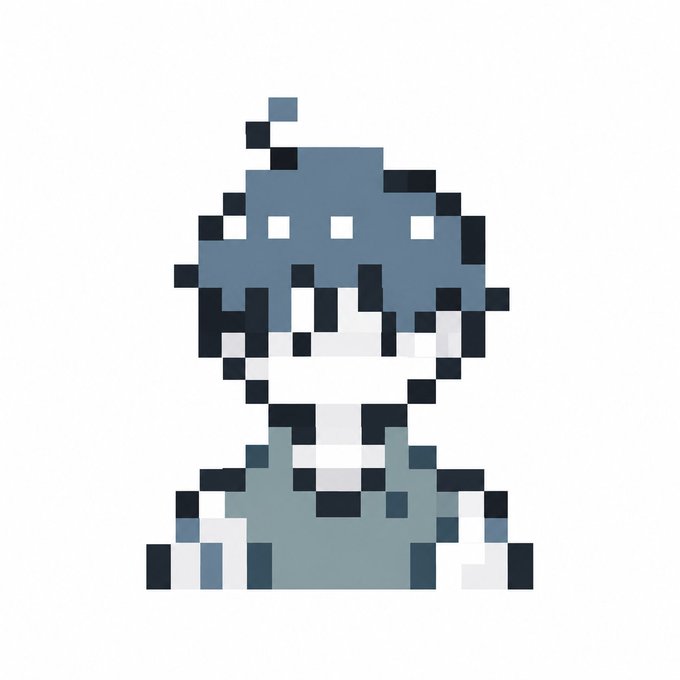 A pixel art character with blue hair, four white eyes, and a wide smile, rendered in shades of blue, white, and black.