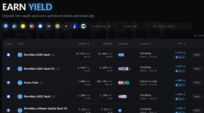 A dark-themed cryptocurrency platform interface titled 'EARN YIELD' showing various vaults including TermMax EURC Vault, TermMax USDC Vault V2, and Prime Yield with their APY rates ranging from 1.28% to 4.77%.