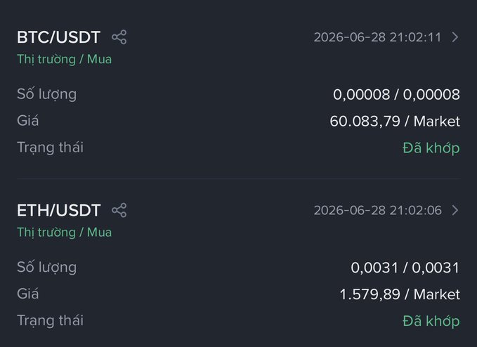 A trading app screenshot showing two completed market buy orders dated 2026-06-28: 0.00008 BTC/USDT at $60,083.79 and 0.0031 ETH/USDT at $1,579.89, confirming the small $10-worth daily purchases of both cryptocurrencies.