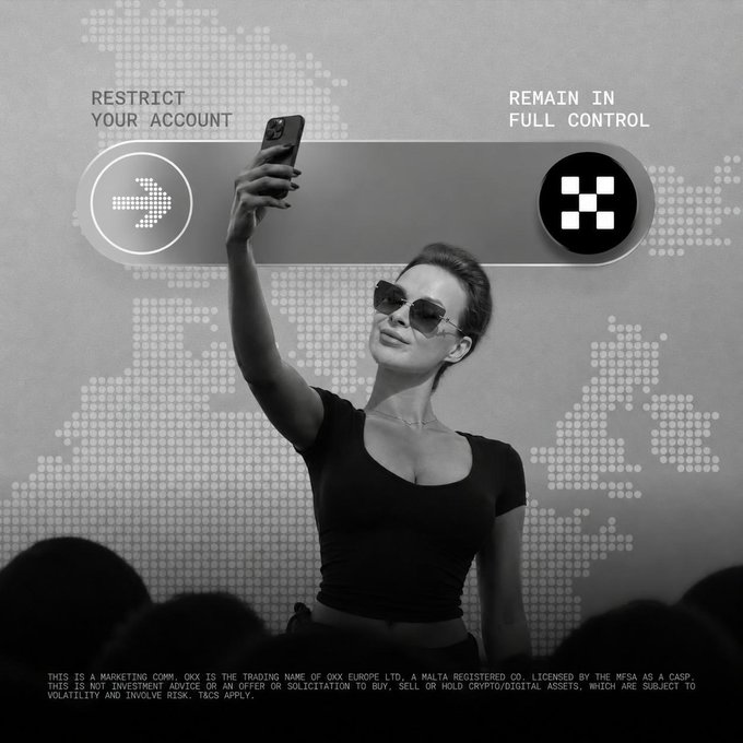 A woman takes a selfie at an OKX event, with a screen behind her displaying "RESTRICT YOUR ACCOUNT" and "REMAIN IN FULL CONTROL" alongside a toggle switch interface, reinforcing the post's message about OKX's MiCA-compliant, user-controlled crypto trading platform in Europe.
