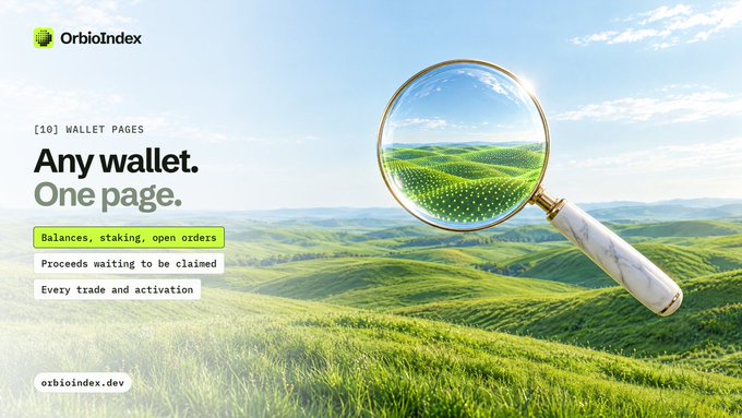 A promotional banner for Orb.io Index reading 'Any wallet. One page.' featuring a magnifying glass over a green hilly landscape, highlighting '10 WALLET PAGES' for balances, staking, and trades.