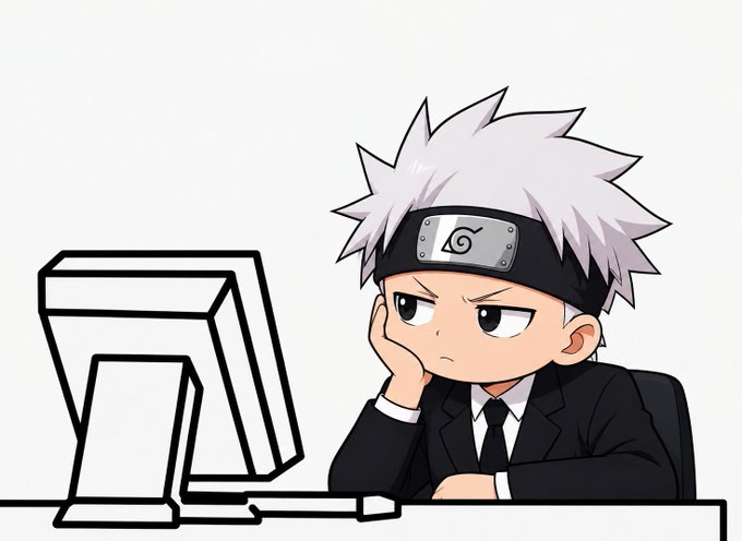 A chibi-style anime character resembling Kakashi from Naruto, wearing a Hidden Leaf Village headband and a black suit, sits bored at a computer monitor.